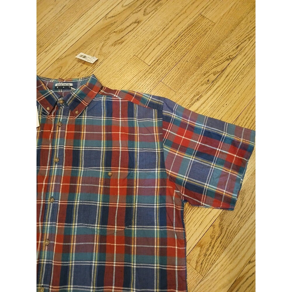 NWT 90's Anchor Bay Men's XL 100% Cotton Plaid Short Sleeve Shirt Classic Button - Picture 3 of 7